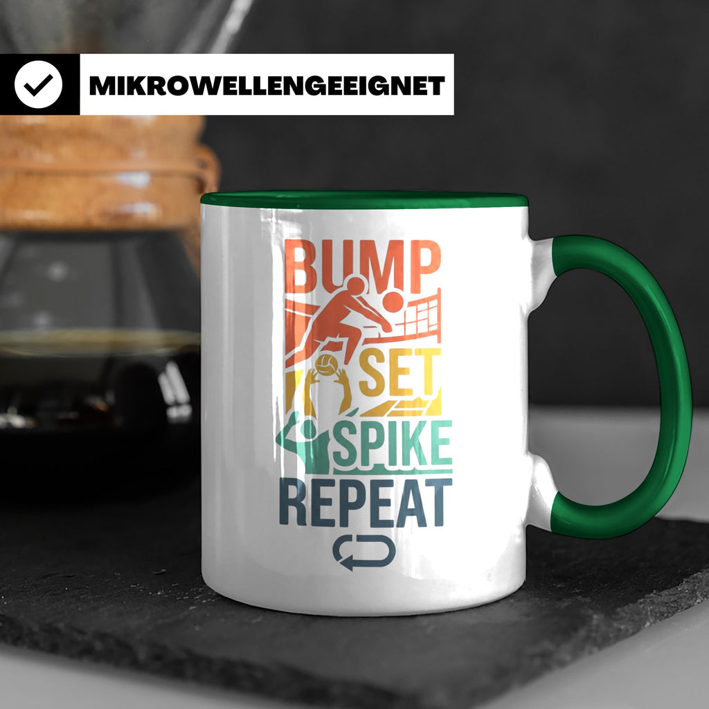 Volleyball Tasse Bump Set Spike Repeat Spruch für Volleyball – Grün [farbe:grün]