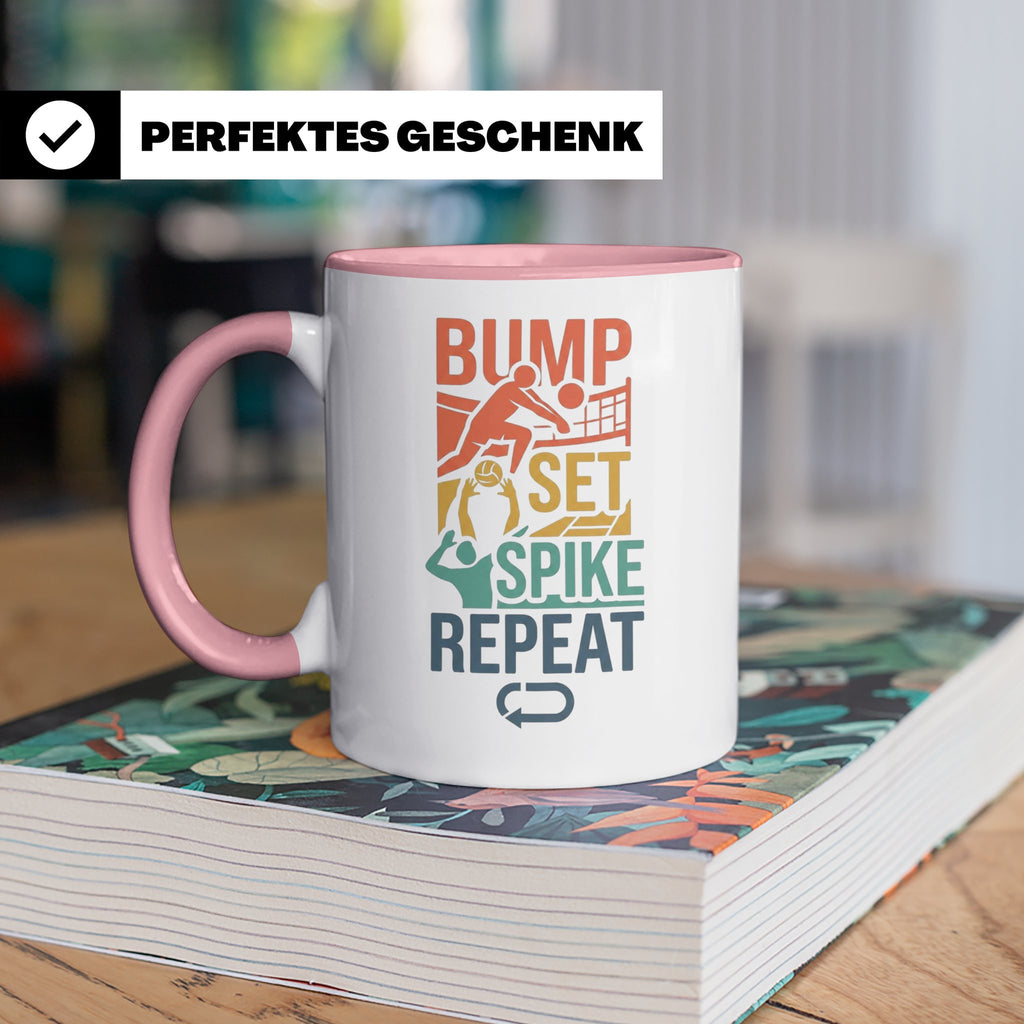 Volleyball Tasse Bump Set Spike Repeat Spruch für Volleyball – Rosa [farbe:rosa]