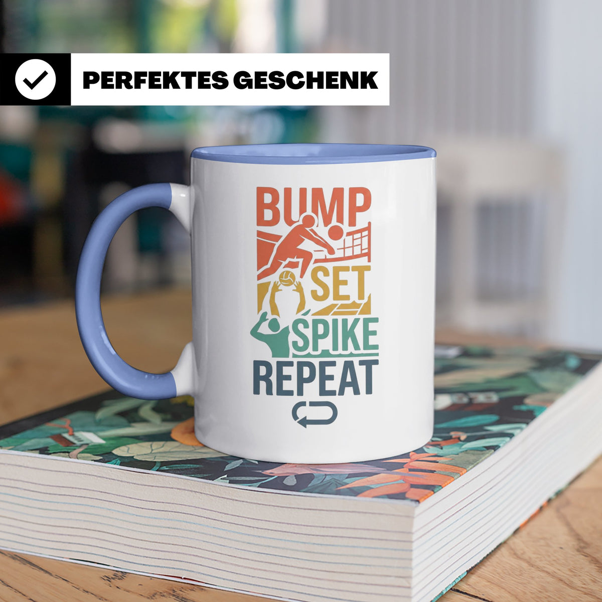 Volleyball Tasse Bump Set Spike Repeat Spruch für Volleyball – Blau [farbe:blau]