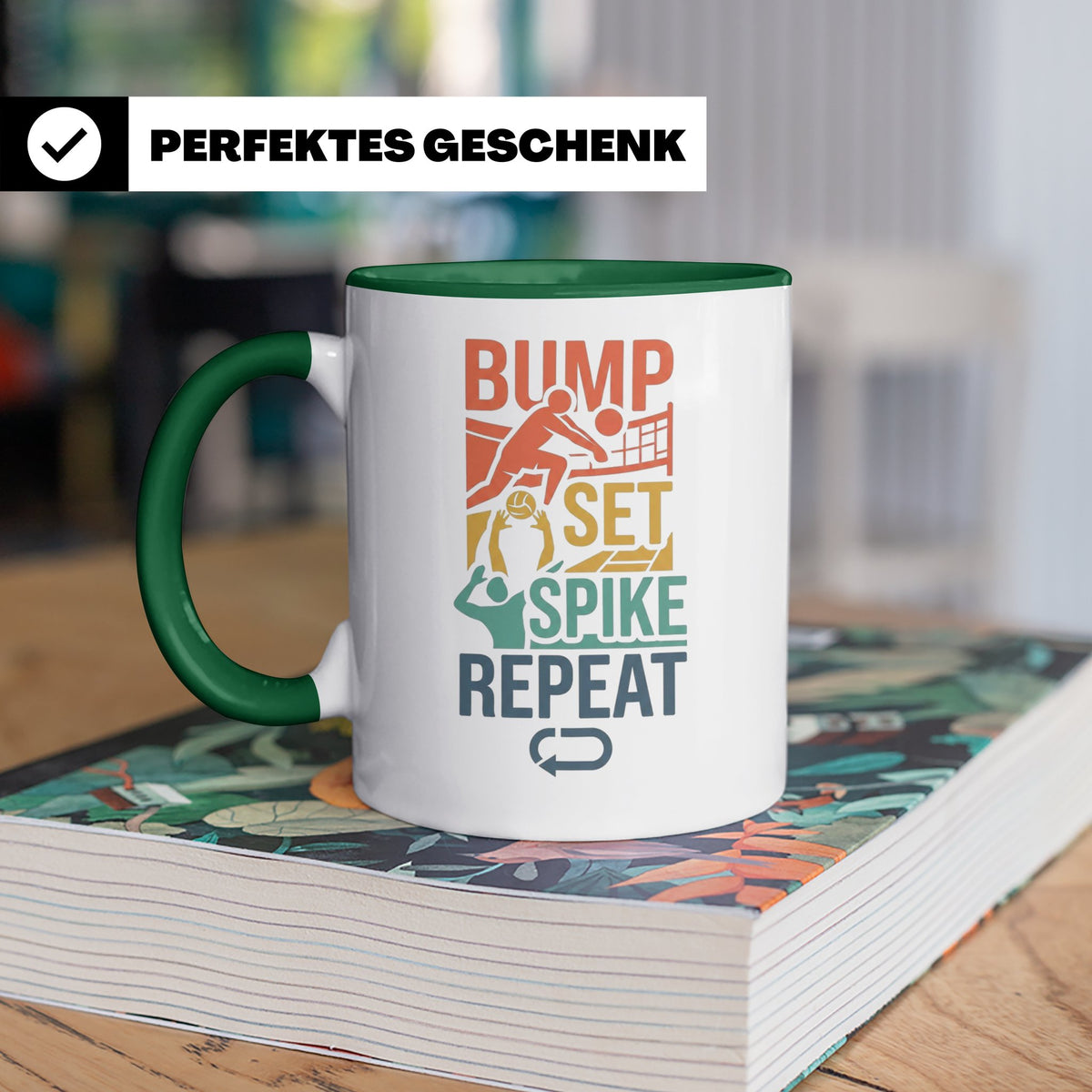 Volleyball Tasse Bump Set Spike Repeat Spruch für Volleyball – Grün [farbe:grün]