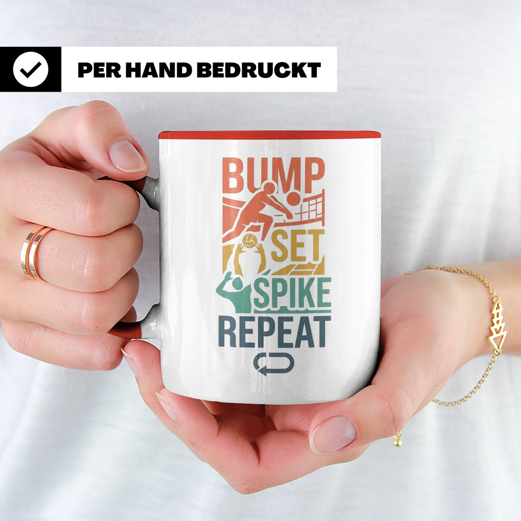 Volleyball Tasse Bump Set Spike Repeat Spruch für Volleyball – Rot [farbe:rot]