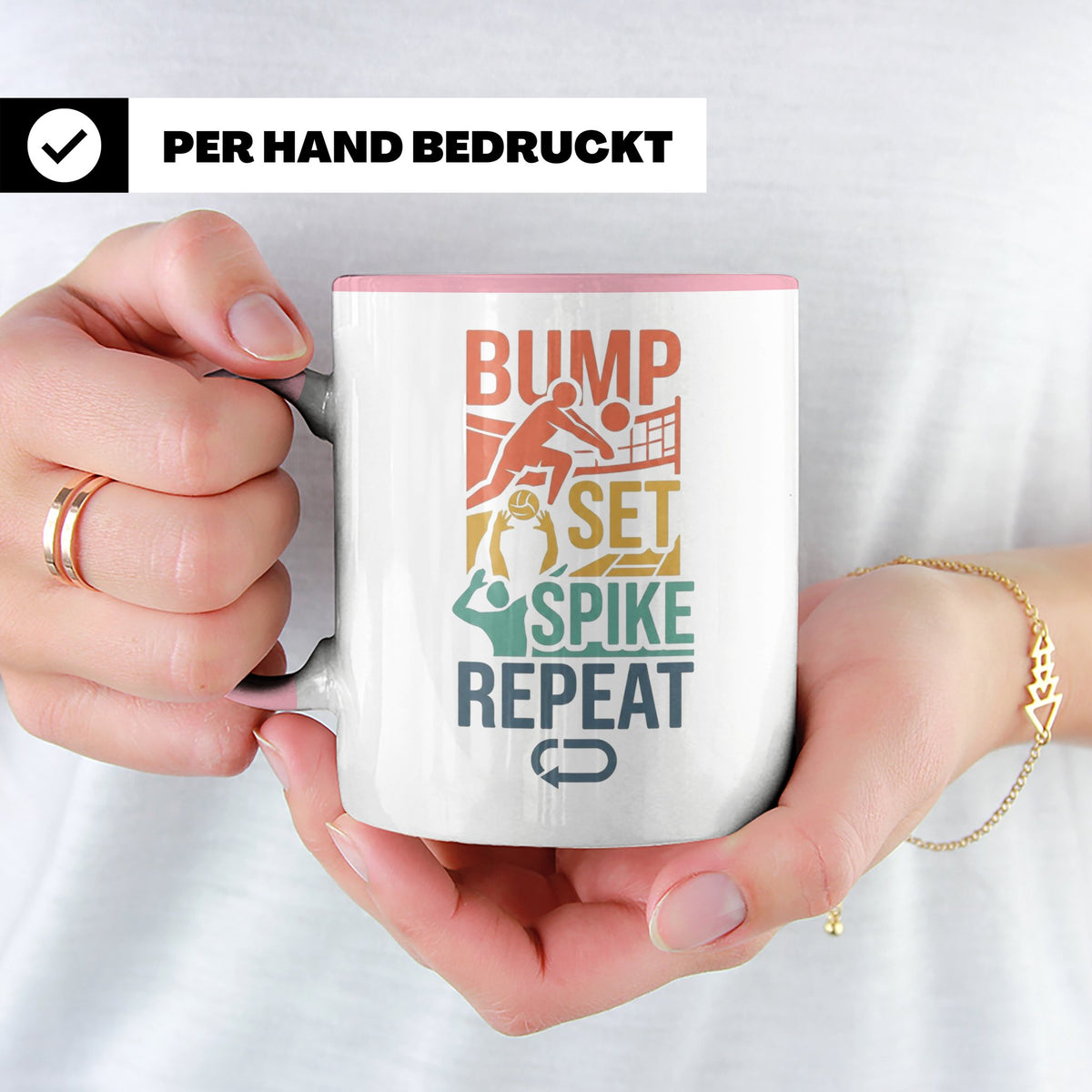 Volleyball Tasse Bump Set Spike Repeat Spruch für Volleyball – Rosa [farbe:rosa]