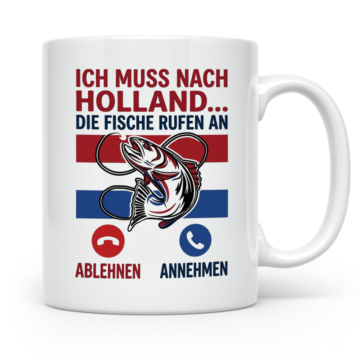 Angeln Holland Tasse mit Spruch Die Fische rufen an | Angelu – Weiß [farbe:weiß]