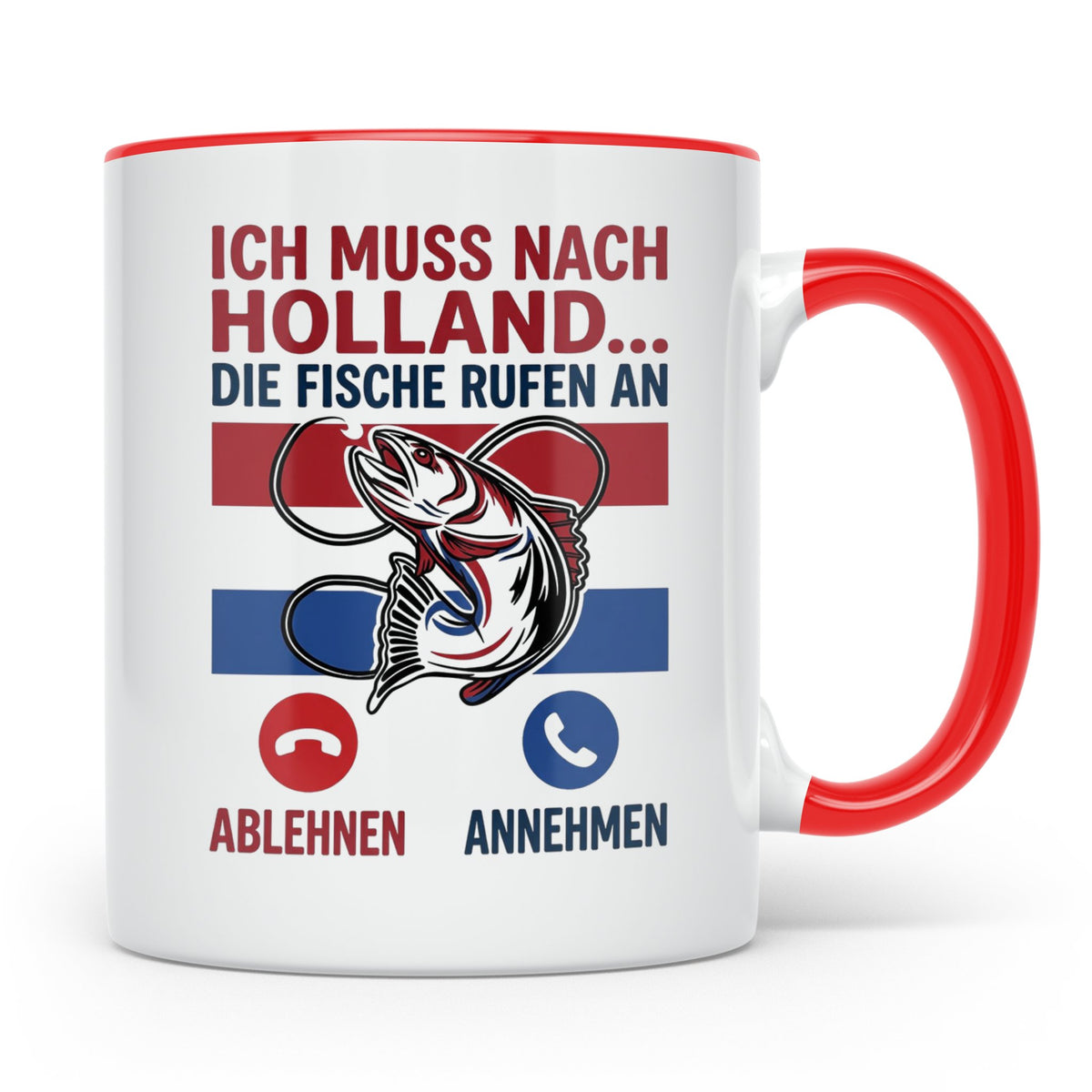 Angeln Holland Tasse mit Spruch Die Fische rufen an | Angelu – Rot [farbe:rot]