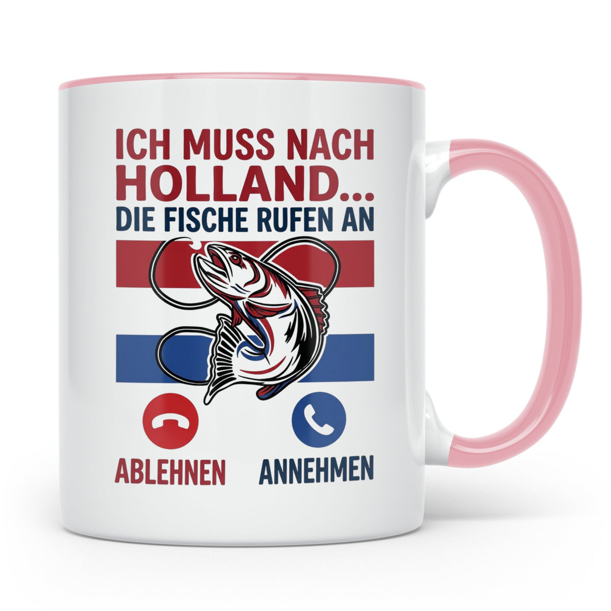 Angeln Holland Tasse mit Spruch Die Fische rufen an | Angelu – Rosa [farbe:rosa]