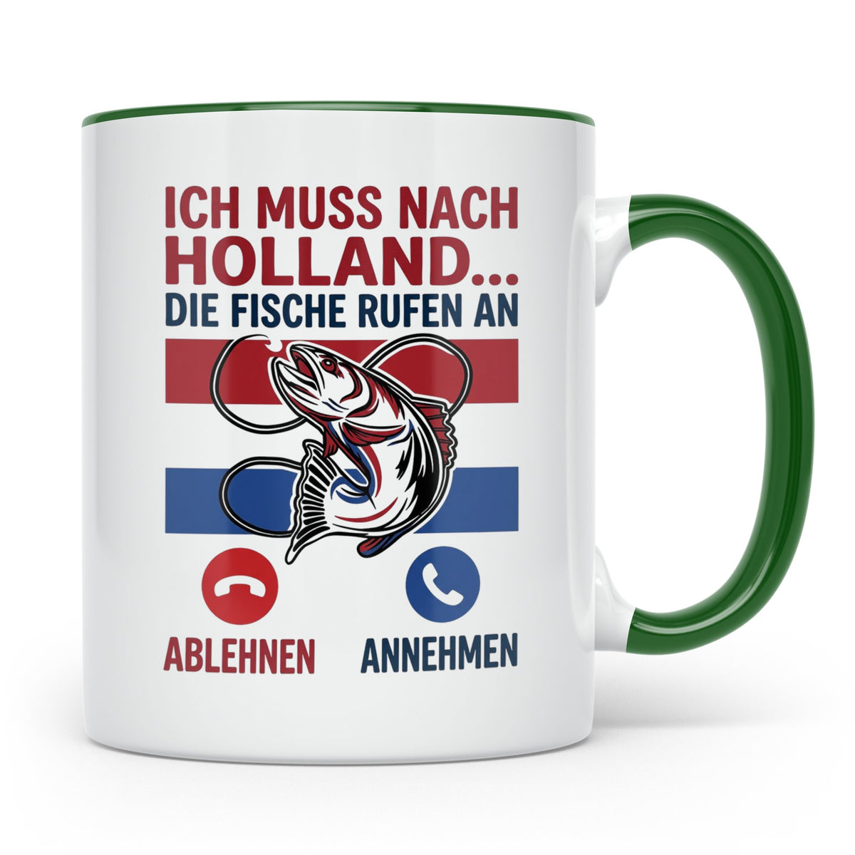 Angeln Holland Tasse mit Spruch Die Fische rufen an | Angelu – Grün [farbe:grün]
