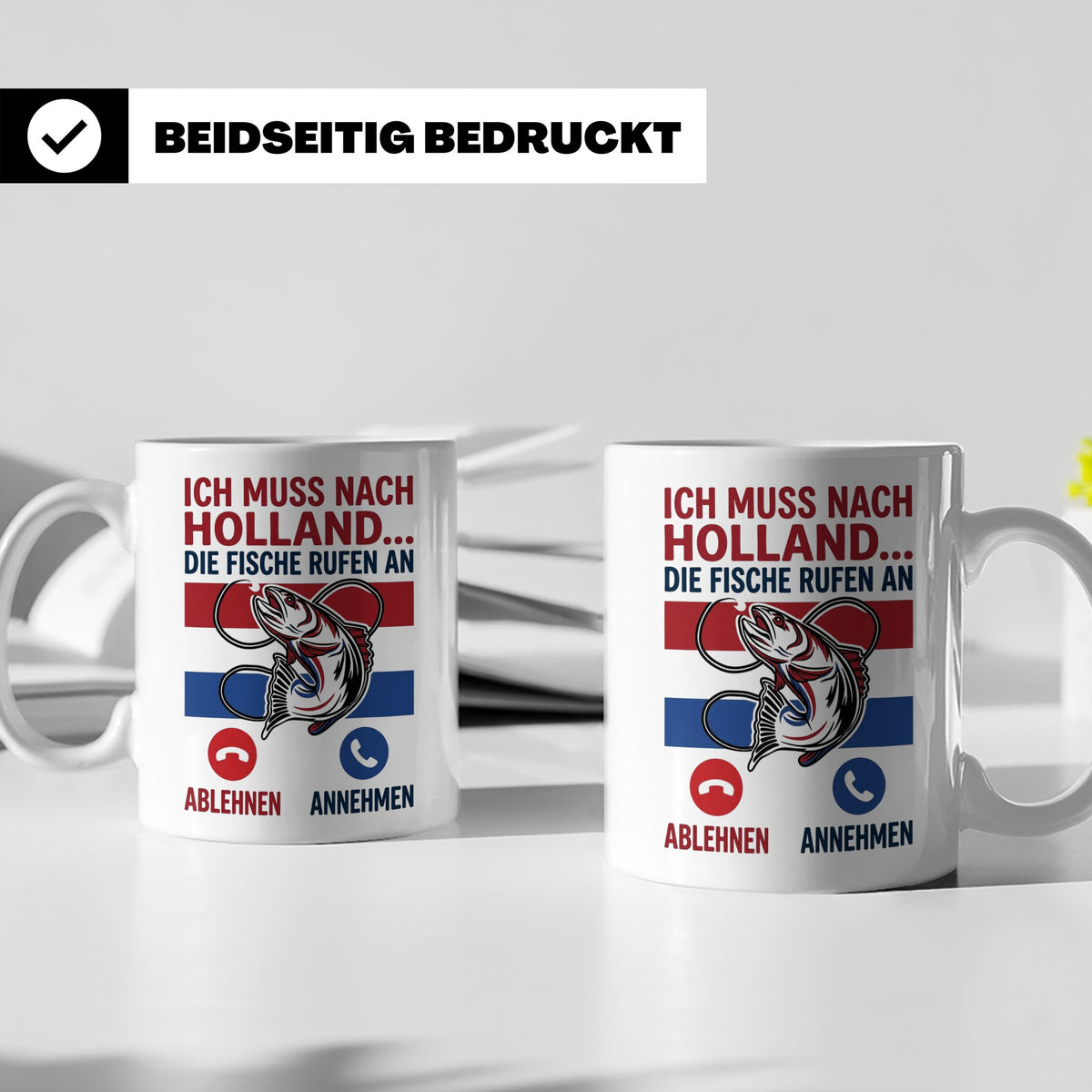 Angeln Holland Tasse mit Spruch Die Fische rufen an | Angelu – Weiß [farbe:weiß]