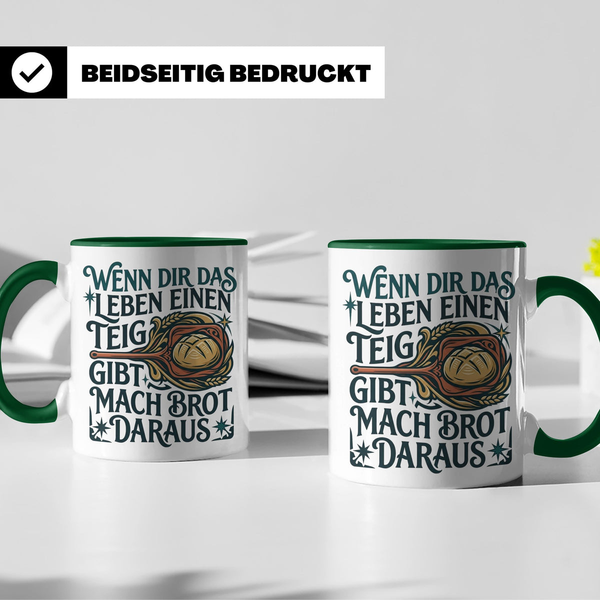 Brot backen Tasse mit Spruch Wenn das Leben Teig gibt, Bäcke – Grün [farbe:grün]