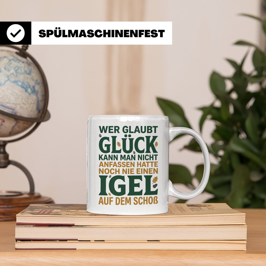 Igel Tasse mit Spruch Glück kann man anfassen. Geschenk für  – Weiß [farbe:weiß]