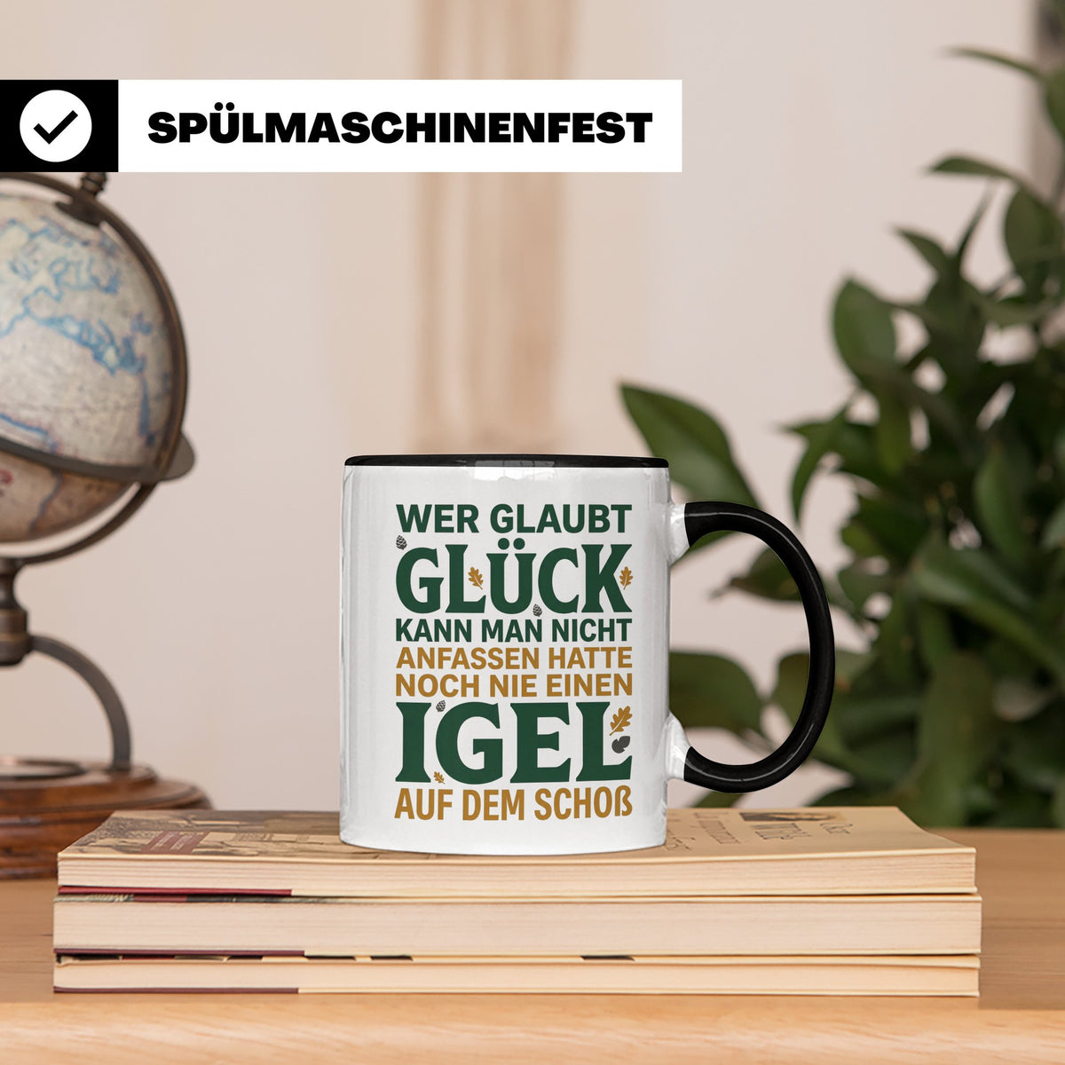 Igel Tasse mit Spruch Glück kann man anfassen. Geschenk für  – Schwarz [farbe:schwarz]