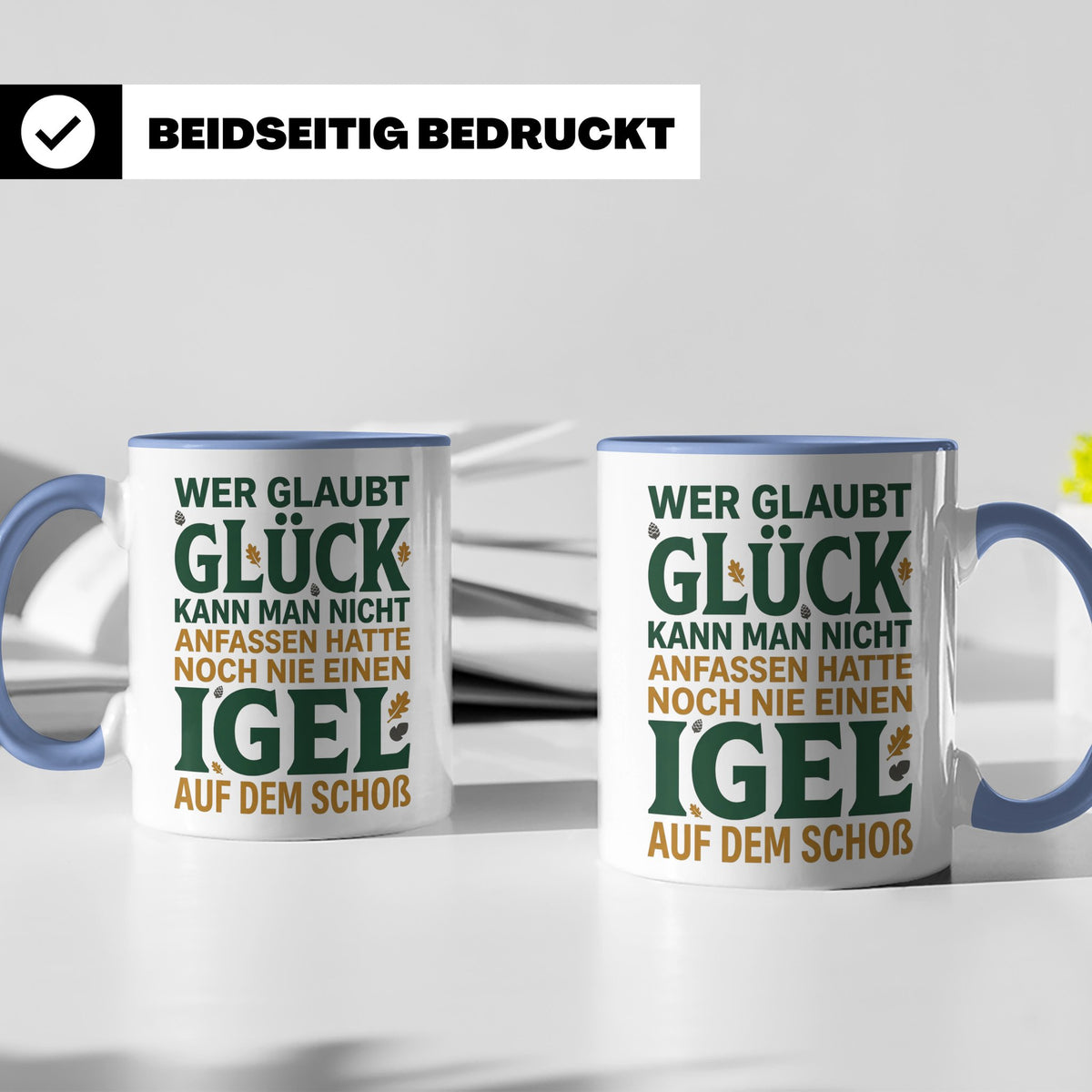 Igel Tasse mit Spruch Glück kann man anfassen. Geschenk für  – Blau [farbe:blau]