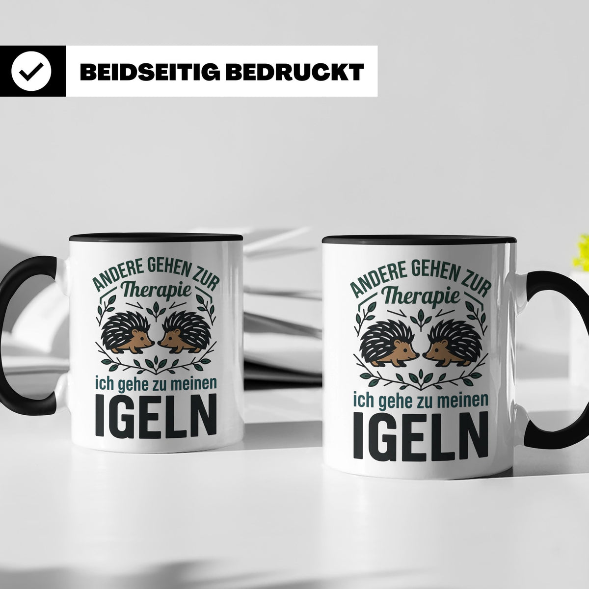 Igel Tasse mit Spruch Therapie, Geschenk für Igelhalter & Ig – Schwarz [farbe:schwarz]
