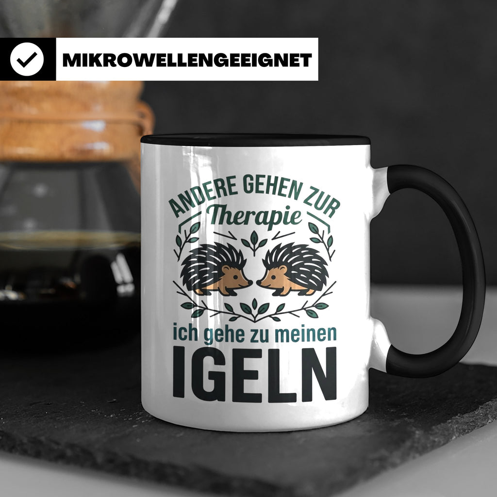 Igel Tasse mit Spruch Therapie, Geschenk für Igelhalter & Ig – Schwarz [farbe:schwarz]