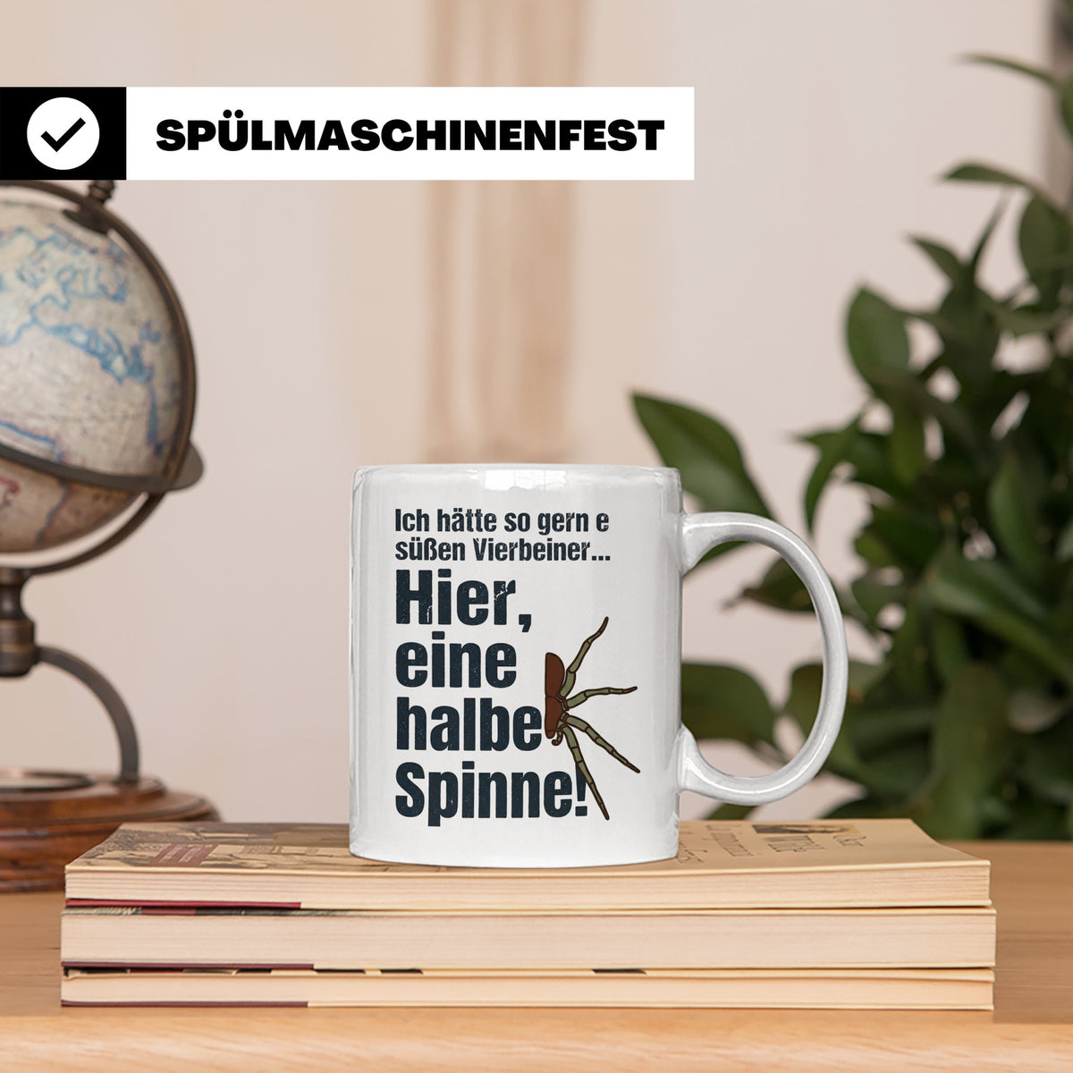 Spinne Tasse mit lustigem Spruch halbe Spinne als Vierbeiner – Weiß [farbe:weiß]