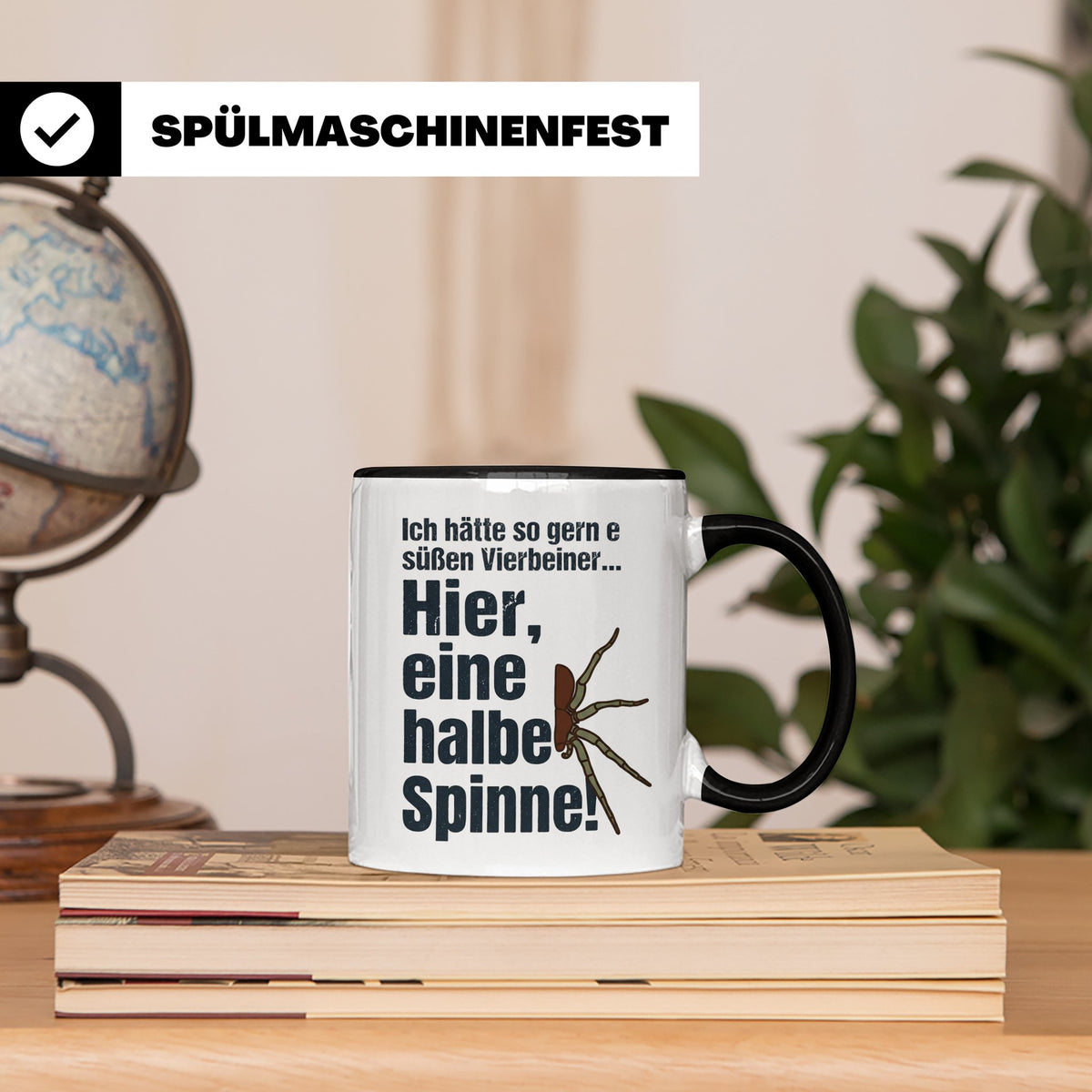 Spinne Tasse mit lustigem Spruch halbe Spinne als Vierbeiner – Schwarz [farbe:schwarz]