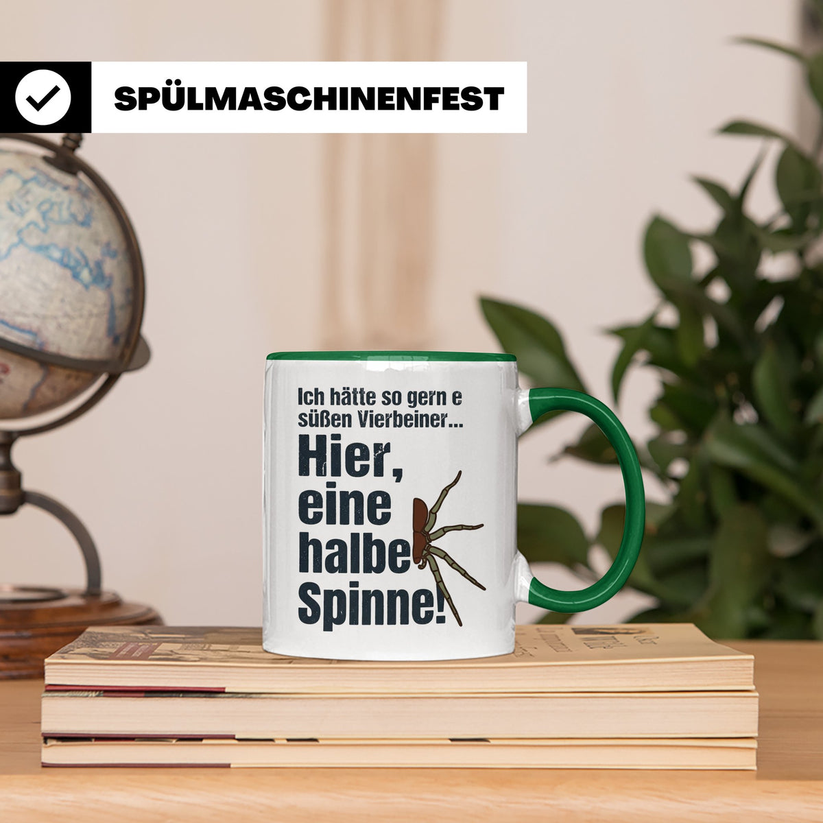 Spinne Tasse mit lustigem Spruch halbe Spinne als Vierbeiner – Grün [farbe:grün]
