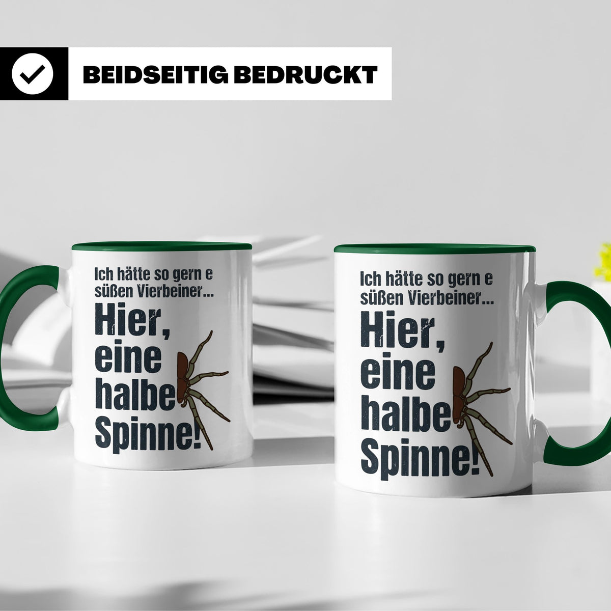 Spinne Tasse mit lustigem Spruch halbe Spinne als Vierbeiner – Grün [farbe:grün]