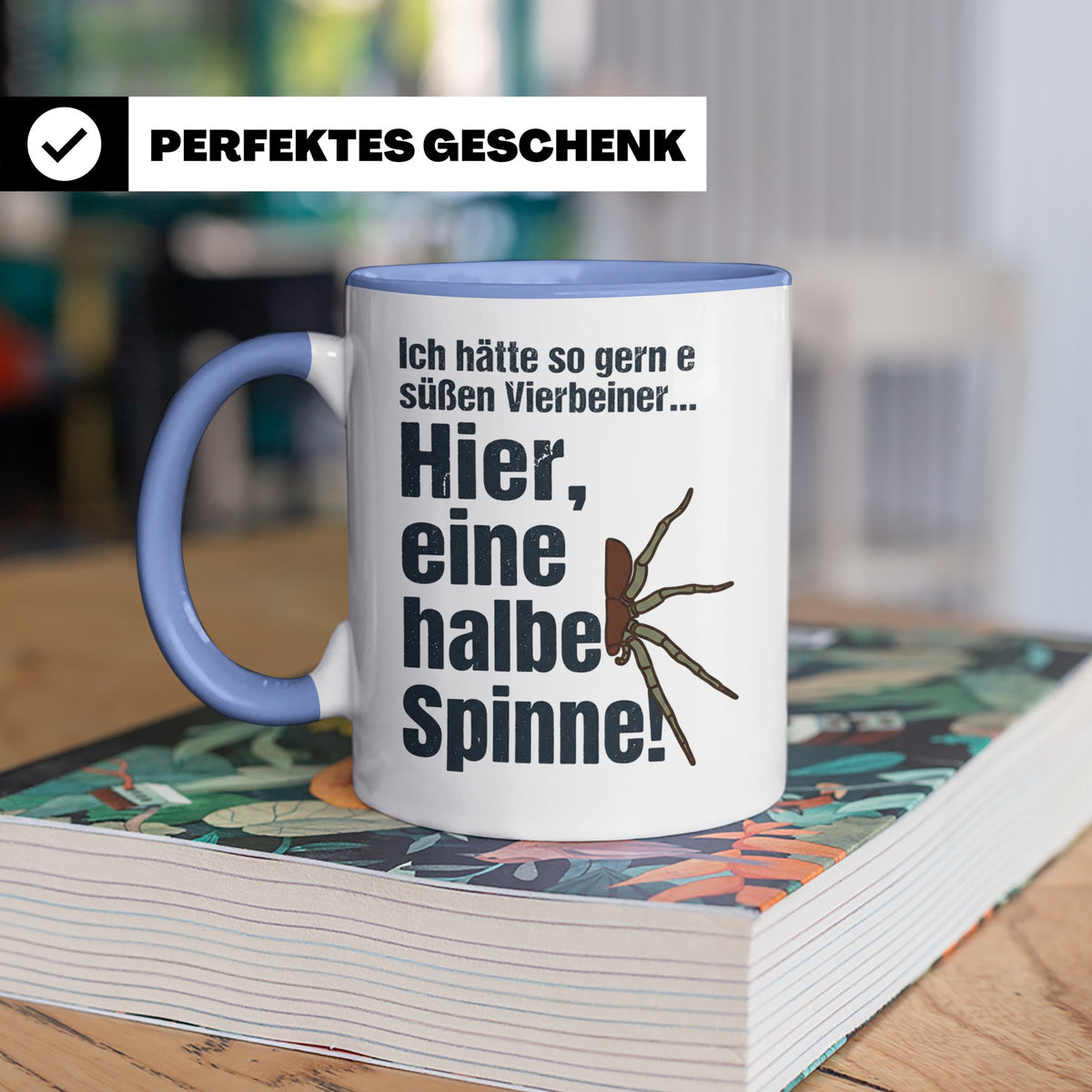 Spinne Tasse mit lustigem Spruch halbe Spinne als Vierbeiner – Blau [farbe:blau]