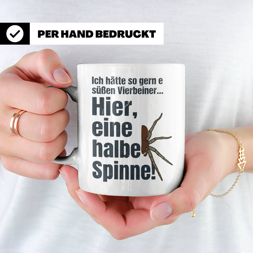 Spinne Tasse mit lustigem Spruch halbe Spinne als Vierbeiner – Weiß [farbe:weiß]
