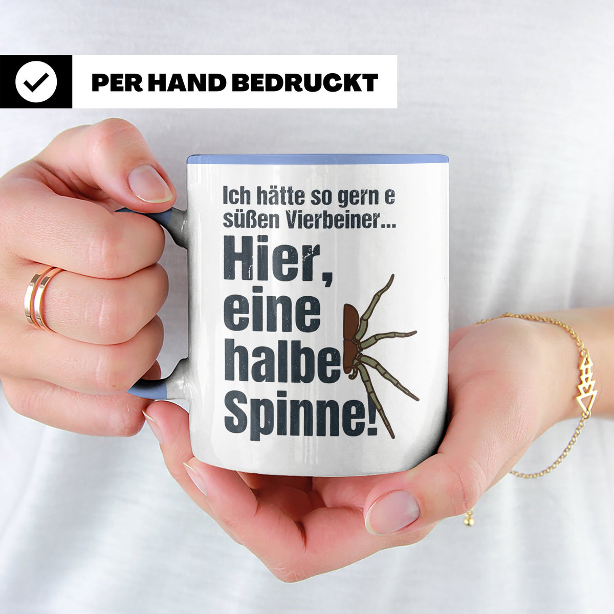 Spinne Tasse mit lustigem Spruch halbe Spinne als Vierbeiner – Blau [farbe:blau]