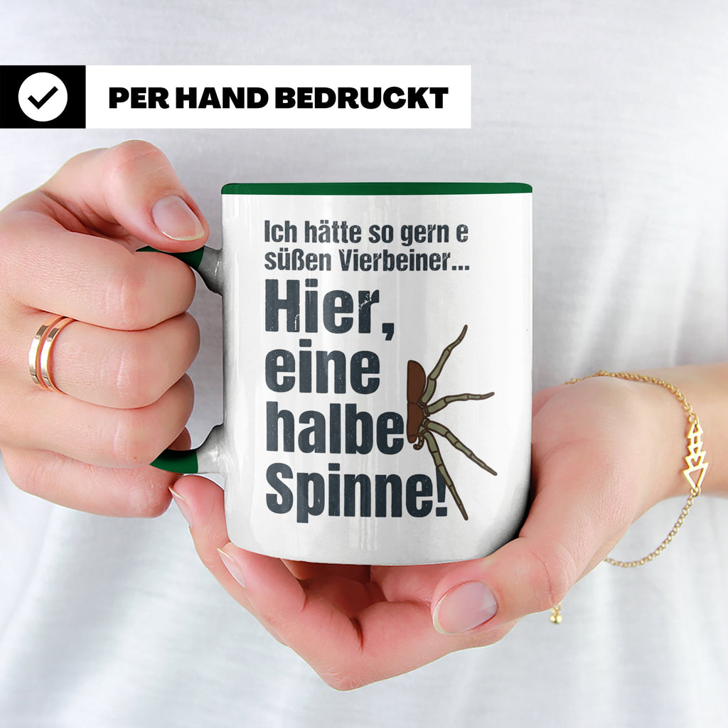 Spinne Tasse mit lustigem Spruch halbe Spinne als Vierbeiner – Grün [farbe:grün]