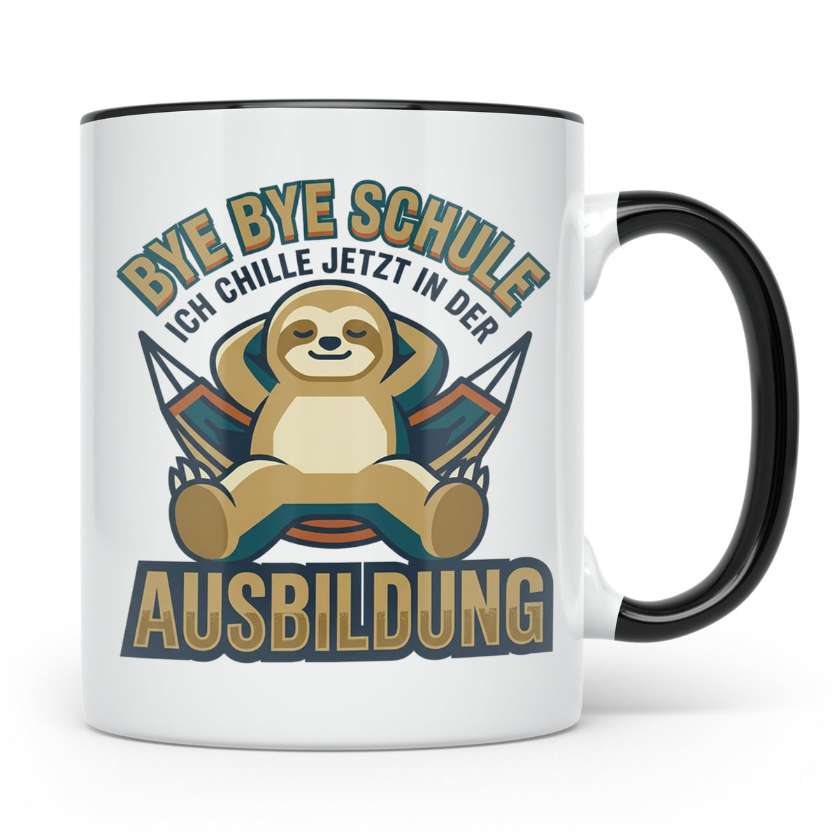 Ausbildung Tasse Faultier Bye Bye Schule Geschenk für Azubi  – Schwarz [farbe:schwarz]