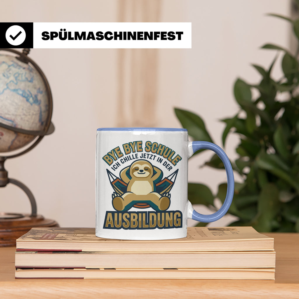 Ausbildung Tasse Faultier Bye Bye Schule Geschenk für Azubi  – Blau [farbe:blau]