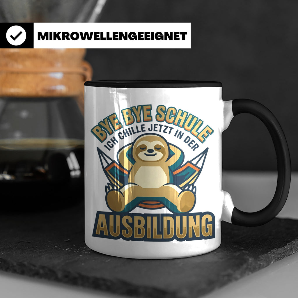 Ausbildung Tasse Faultier Bye Bye Schule Geschenk für Azubi  – Schwarz [farbe:schwarz]