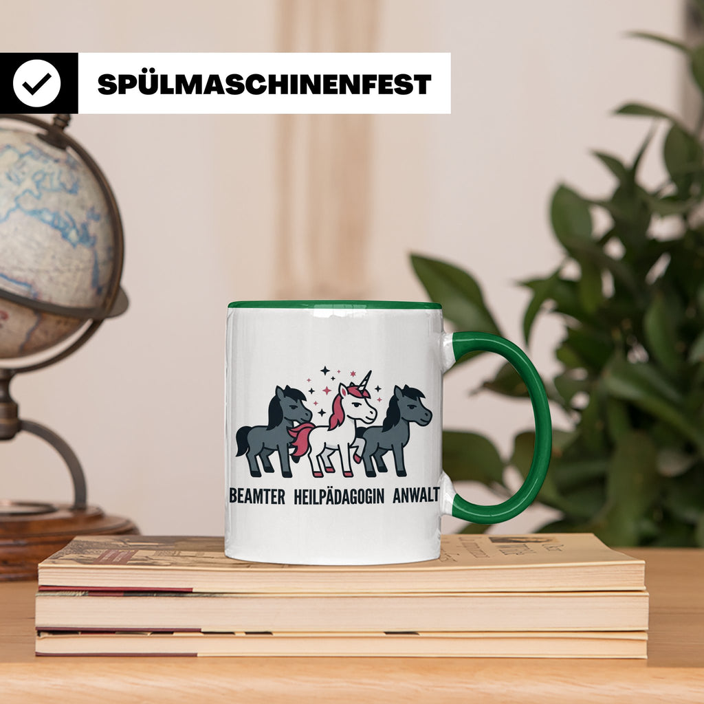 Heilpädagogin Tasse lustig Einhorn Beamter Anwalt Kaffeebech – Grün [farbe:grün]