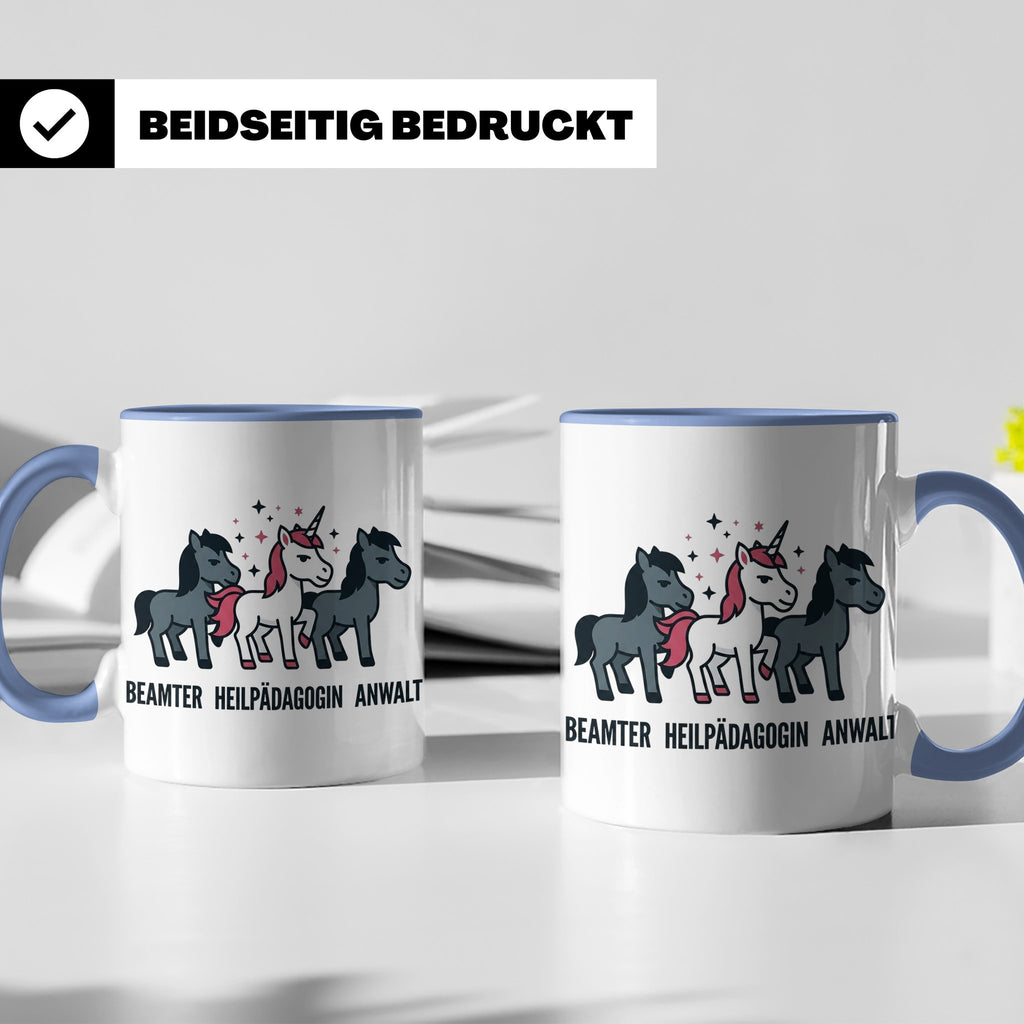 Heilpädagogin Tasse lustig Einhorn Beamter Anwalt Kaffeebech – Blau [farbe:blau]