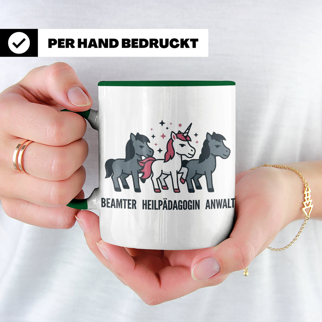 Heilpädagogin Tasse lustig Einhorn Beamter Anwalt Kaffeebech – Grün [farbe:grün]