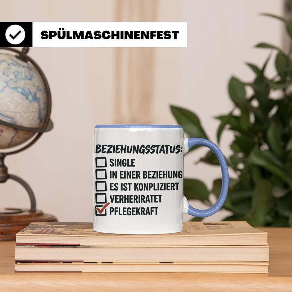 Pflegekraft Tasse mit Spruch Beziehungsstatus Pflegekraft |  – Blau [farbe:blau]