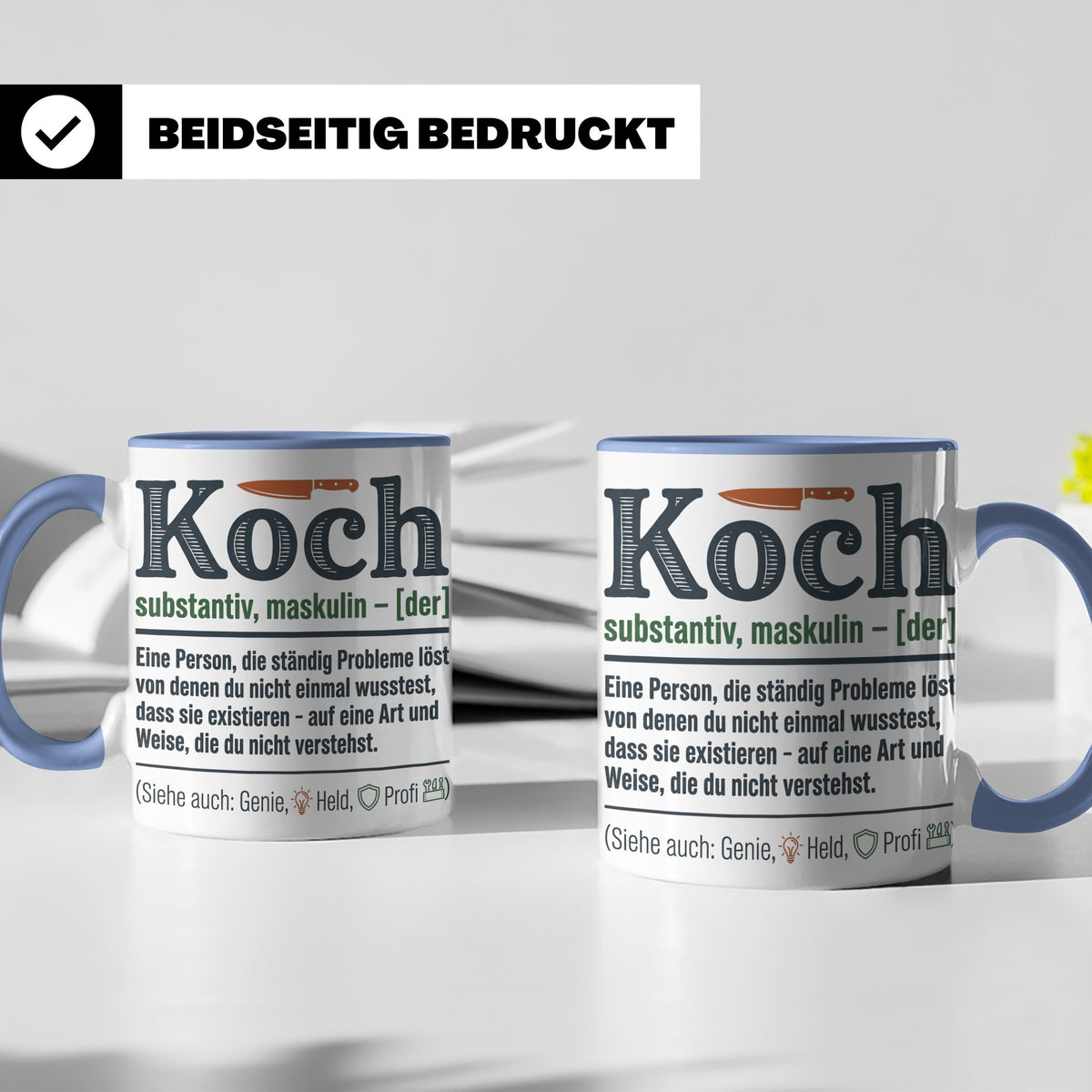 Koch Tasse mit lustiger Definition, Geschenk für Chefkoch, K – Blau [farbe:blau]