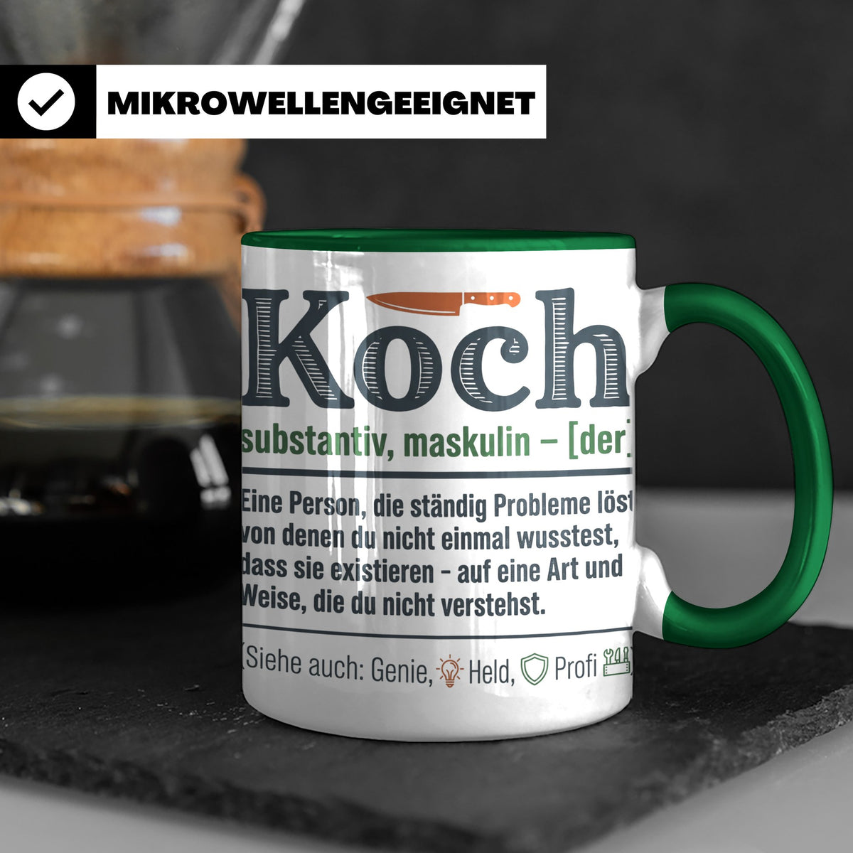 Koch Tasse mit lustiger Definition, Geschenk für Chefkoch, K – Grün [farbe:grün]