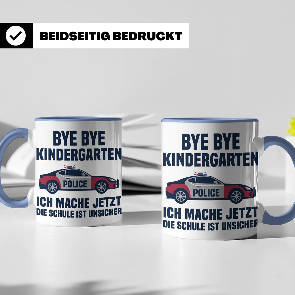 Einschulung Tasse Polizei Auto Spruch Bye Bye Kindergarten i – Blau [farbe:blau]
