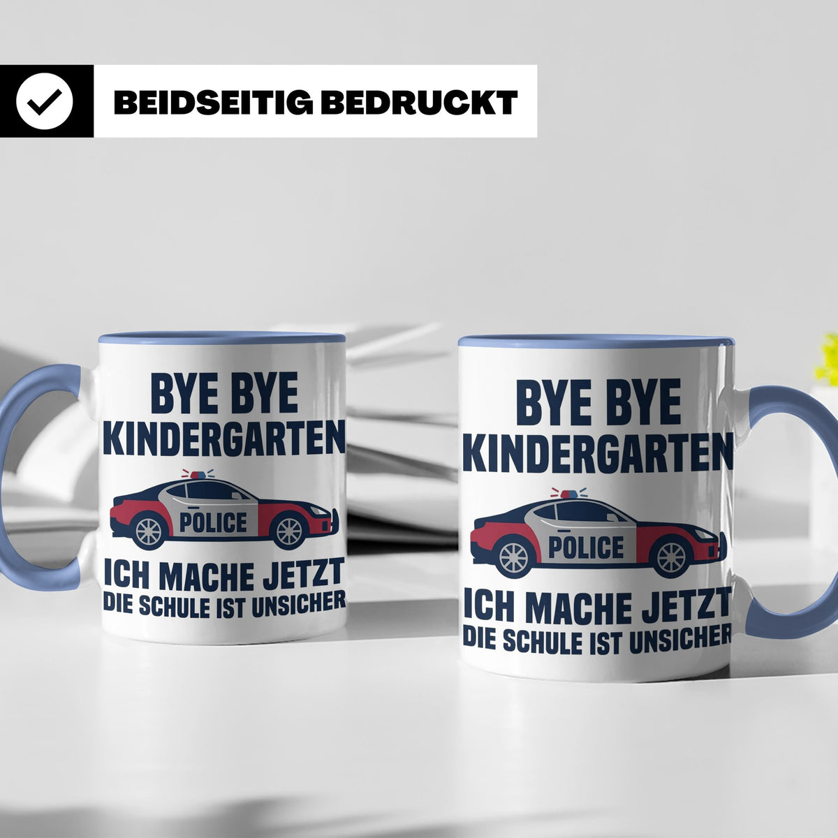 Einschulung Tasse Polizei Auto Spruch Bye Bye Kindergarten i – Blau [farbe:blau]