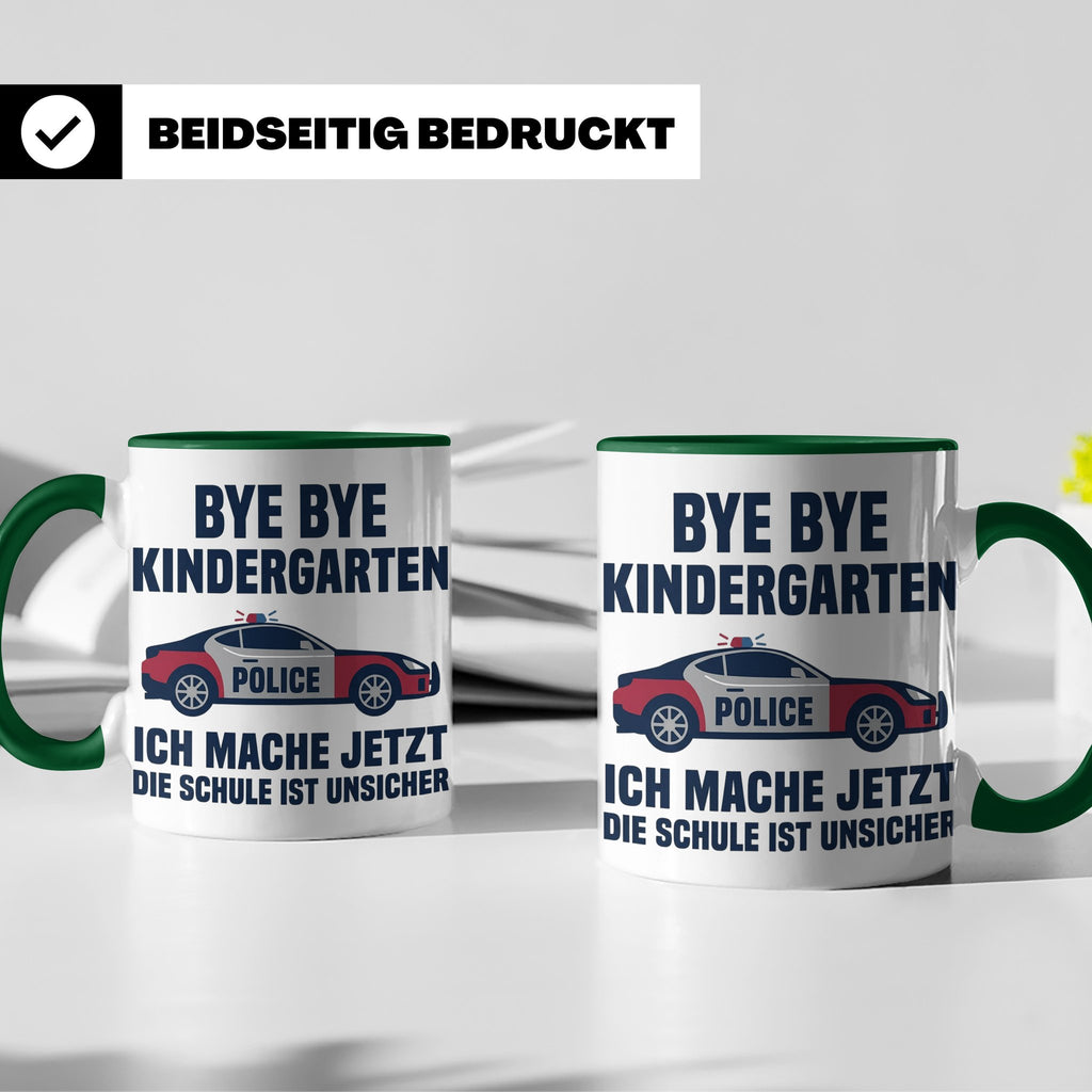 Einschulung Tasse Polizei Auto Spruch Bye Bye Kindergarten i – Grün [farbe:grün]