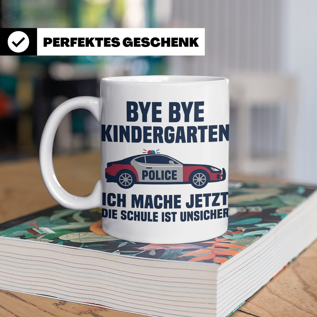 Einschulung Tasse Polizei Auto Spruch Bye Bye Kindergarten i – Weiß [farbe:weiß]