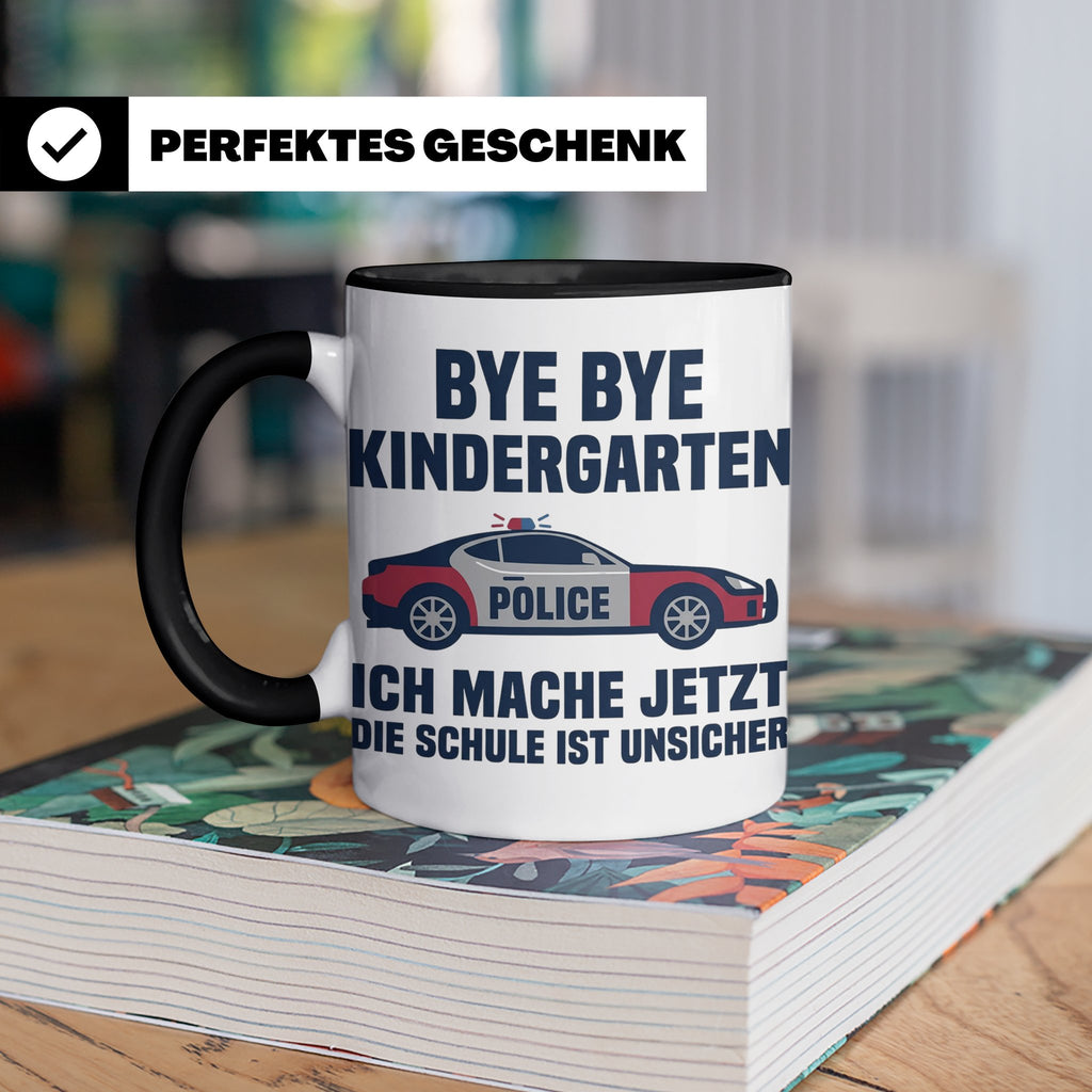 Einschulung Tasse Polizei Auto Spruch Bye Bye Kindergarten i – Schwarz [farbe:schwarz]