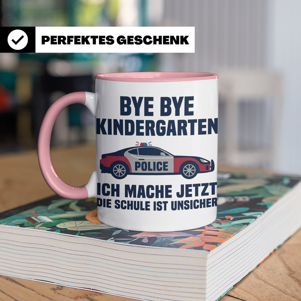 Einschulung Tasse Polizei Auto Spruch Bye Bye Kindergarten i – Rosa [farbe:rosa]