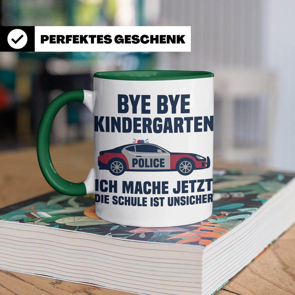 Einschulung Tasse Polizei Auto Spruch Bye Bye Kindergarten i – Grün [farbe:grün]