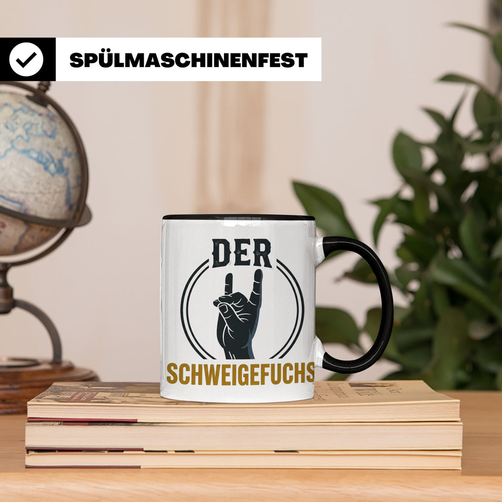 Schweigefuchs Tasse für Lehrer & Erzieher mit Rock Hand Gest – Schwarz [farbe:schwarz]