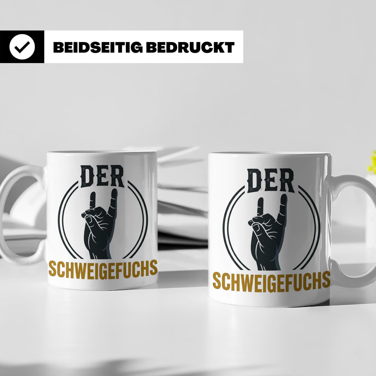Schweigefuchs Tasse für Lehrer & Erzieher mit Rock Hand Gest – Weiß [farbe:weiß]