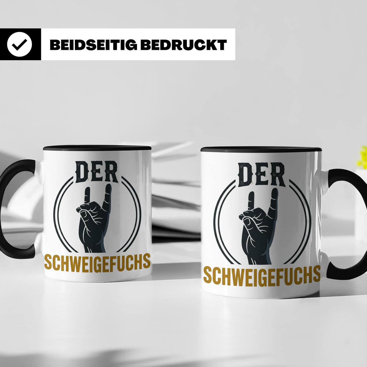 Schweigefuchs Tasse für Lehrer & Erzieher mit Rock Hand Gest – Schwarz [farbe:schwarz]