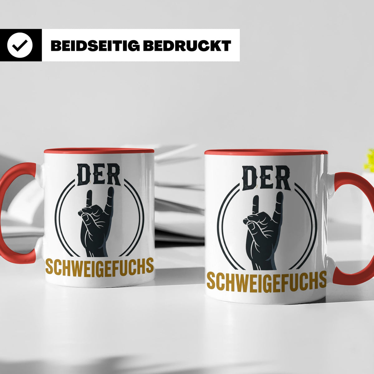 Schweigefuchs Tasse für Lehrer & Erzieher mit Rock Hand Gest – Rot [farbe:rot]