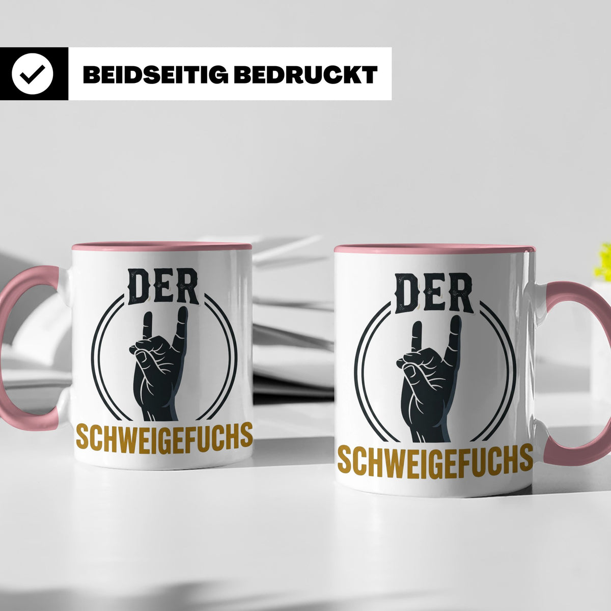 Schweigefuchs Tasse für Lehrer & Erzieher mit Rock Hand Gest – Rosa [farbe:rosa]