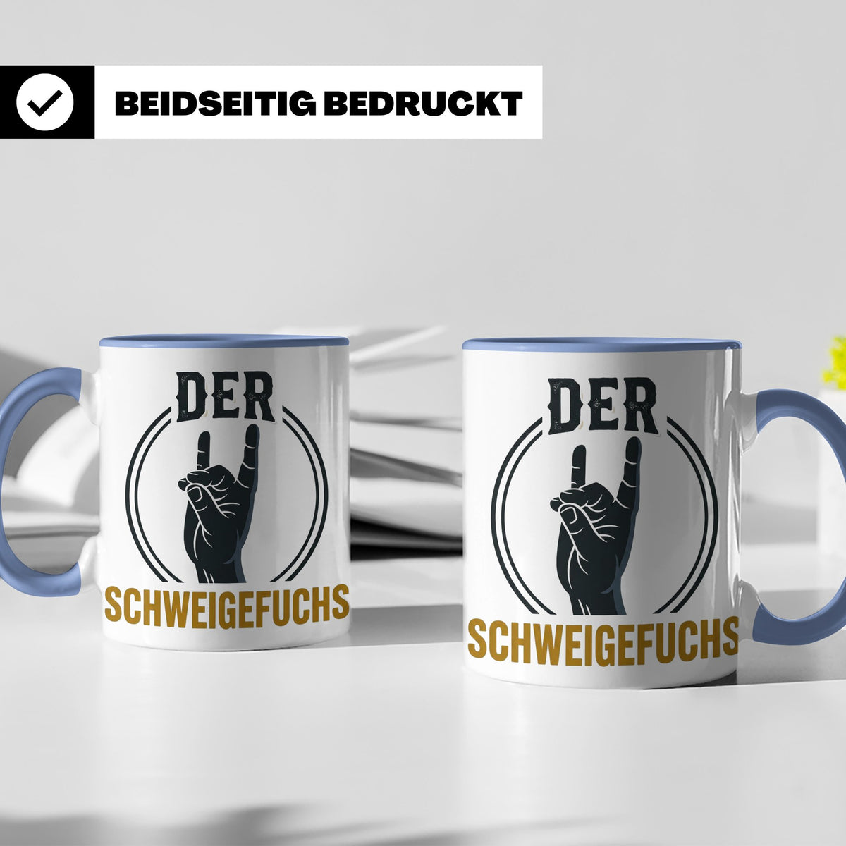 Schweigefuchs Tasse für Lehrer & Erzieher mit Rock Hand Gest – Blau [farbe:blau]
