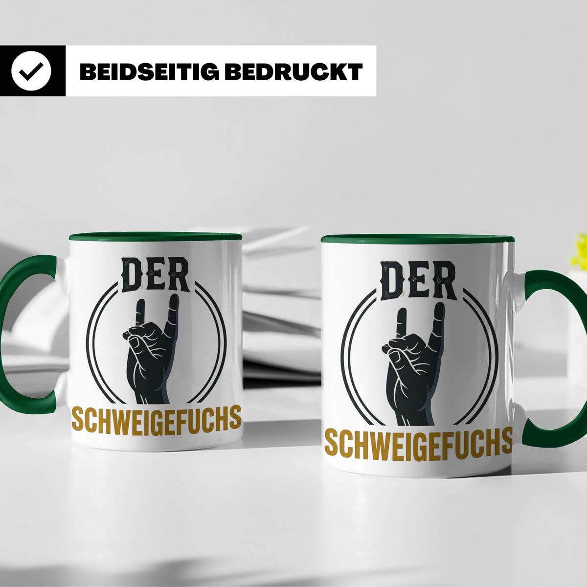Schweigefuchs Tasse für Lehrer & Erzieher mit Rock Hand Gest – Grün [farbe:grün]