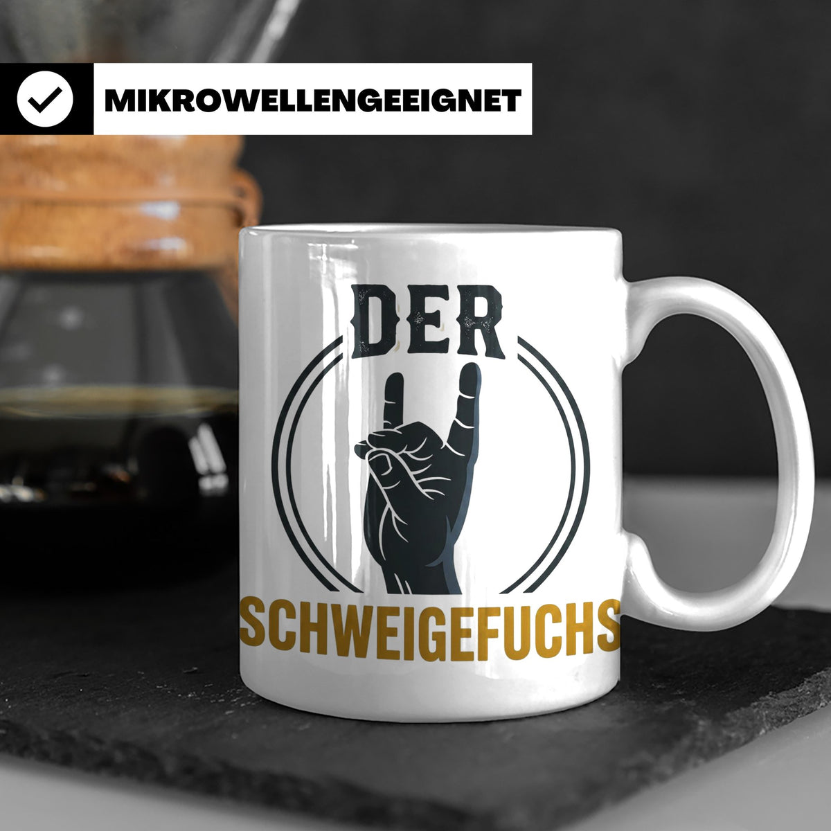 Schweigefuchs Tasse für Lehrer & Erzieher mit Rock Hand Gest – Weiß [farbe:weiß]