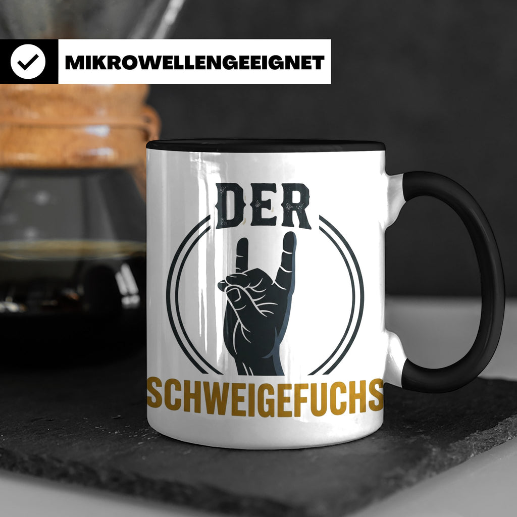 Schweigefuchs Tasse für Lehrer & Erzieher mit Rock Hand Gest – Schwarz [farbe:schwarz]